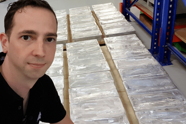Mikkel Thorup with 30kg bars of pure silver